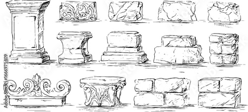 Hand drawn decorative stone blocks and brick set for design and architecture projects