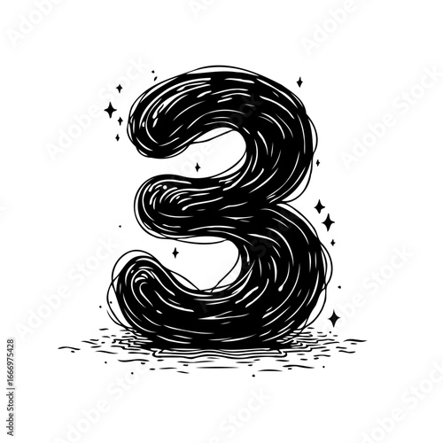 Stylized number three illustration with chaotic linework and whimsical elements forming a unique