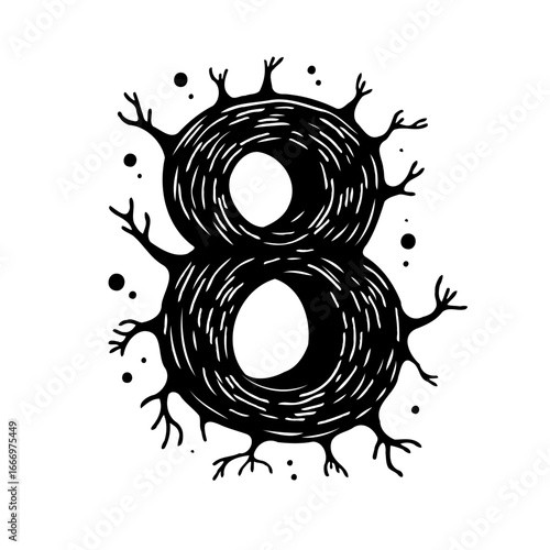 Stylized numeral eight illustration presenting a unique arboreal design with dotted accents and