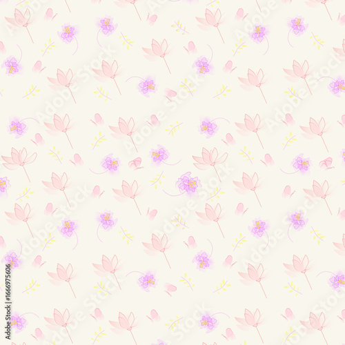 pattern con delicati fiori rosa e viola e farfalle su sfondo giallo chiaro