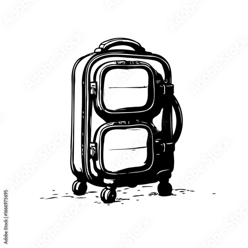 Stylized wheeled luggage illustration with two window panels suggests journey preparations and