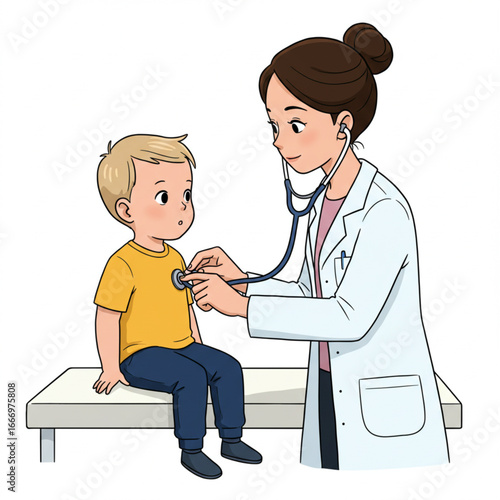 Doctor Examining Young Boy with Stethoscope in Medical Clinic, Healthcare Concept