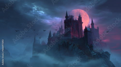 Wallpaper Mural Château gothique de vampire sous la pleine lune avec ambiance brumeuse Torontodigital.ca