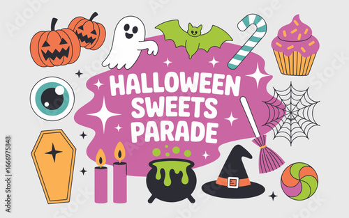 Halloween Sweets Parade: Whimsical procession of pumpkins, ghost, bats, candy, cupcakes, witch hats, cauldrons, coffin, candles, eyeball, spider webs, confectionery decorations