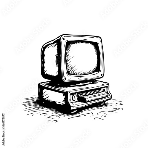 Vintage computer illustration showcasing technology's bygone era with nostalgic charm capturing
