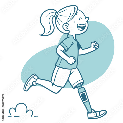 Joyful girl running with prosthetic leg in blue illustration style

