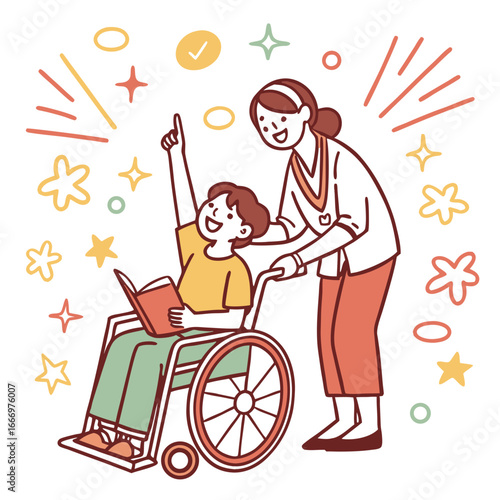 Excited boy in wheelchair raising hand with supportive woman in colorful style