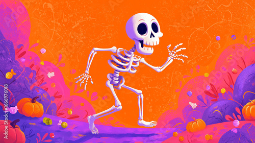 Squelette cartoon rigolo d’Halloween dansant avec citrouilles et bonbons