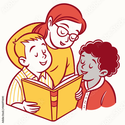 Teacher reading book with visually impaired children in colorful style
