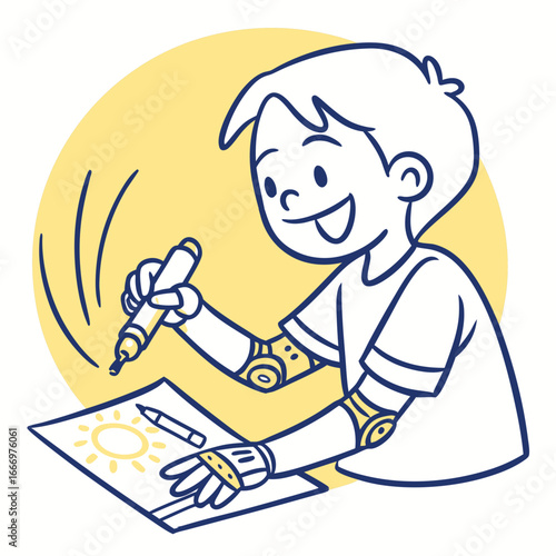 Happy boy drawing with prosthetic arm on paper in colorful style
