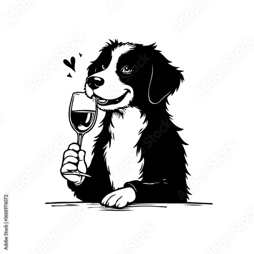 Whimsical bernese mountain dog enjoying a glass of wine: sophisticated canine portrait