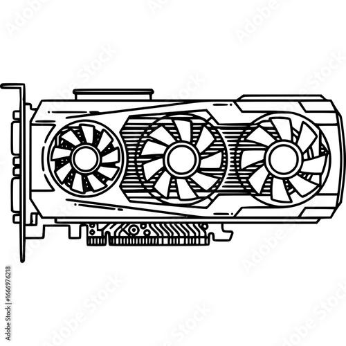 Graphics card technology: A meticulously crafted line drawing showcases a state-of-the-art graphics card, designed for peak performance in the world of computing.