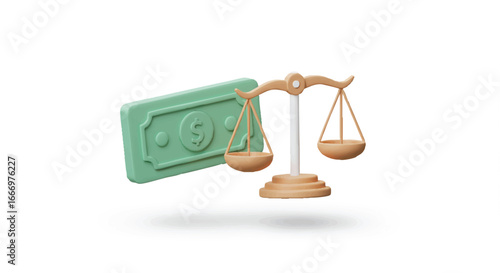 3D rendering of a green dollar bill and a golden balance scale floating, symbolizing finance, justice, and economic equilibrium.
