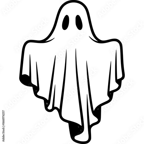 Spooky apparition: A haunting black and white line drawing of a classic ghost, perfect for Halloween, with a simple and iconic design