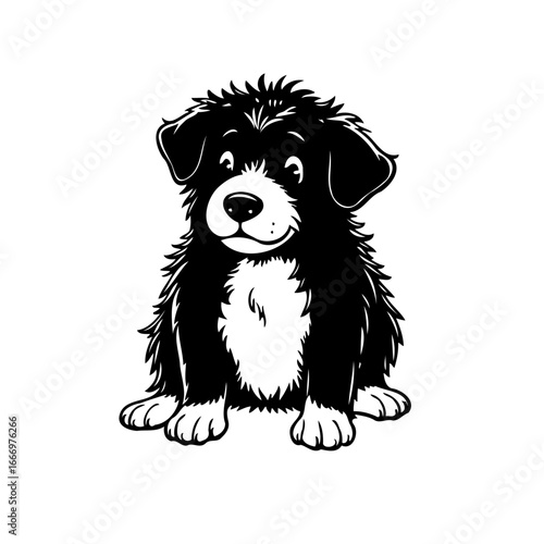 Whimsical canine illustration a fluffy friend in black and white playful cartoon animal joyful
