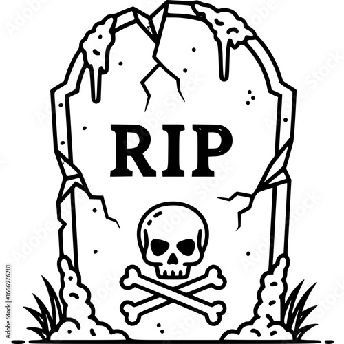 Gravestone of Remembrance: The stark silhouette of a gravestone bearing the solemn RIP inscription, with a skull and crossbones, stands as a poignant symbol of mortality.