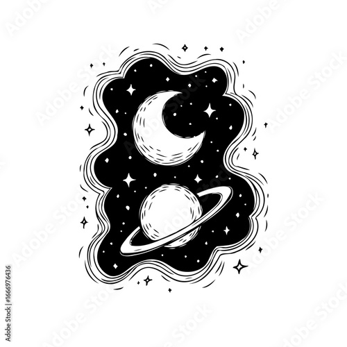 Whimsical cosmic doodle showcasing crescent moon and ringed planet against starry nebula backdrop