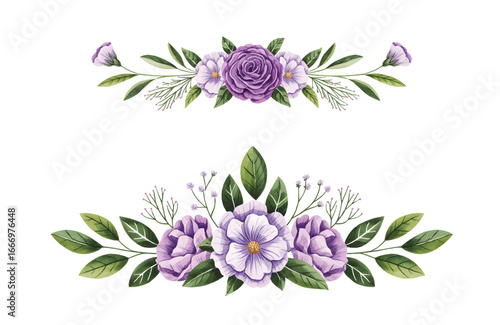 Watercolor purple floral arrangement with roses, blossoms, and lush green foliage. Decorative purple floral composition with leaves 
