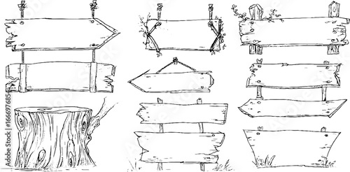 Hand drawn decorative wooden plank boards set for rustic design projects