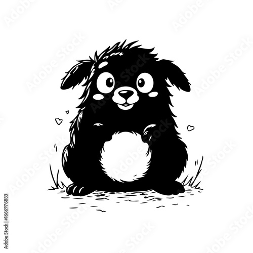 Whimsical furry creature radiating innocent charm sitting amidst hearts and vegetation black and