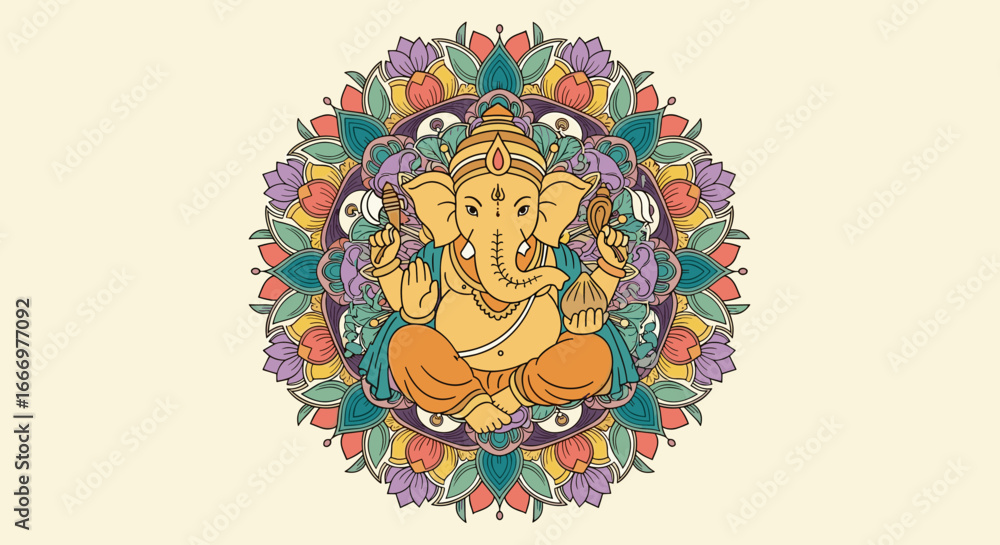 Fototapeta premium Colorful Mandala Art Featuring Lord Ganesha as Central Figure