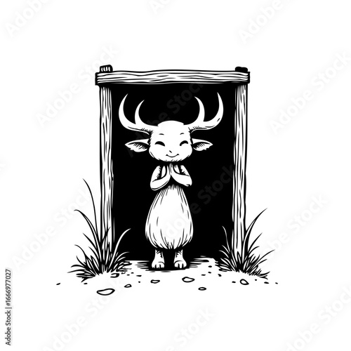 Whimsical horned creature illustration a doorway to fantastical realms inviting curiosity and