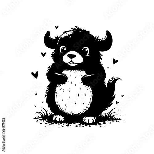 Whimsical horned creature illustration expressing affection in monochrome artwork on pristine