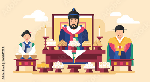 Traditional Korean Ceremony with Ancestral Worship and Festive Food