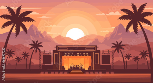Outdoor Music Festival Stage at Sunset with Palm Trees and Mountains