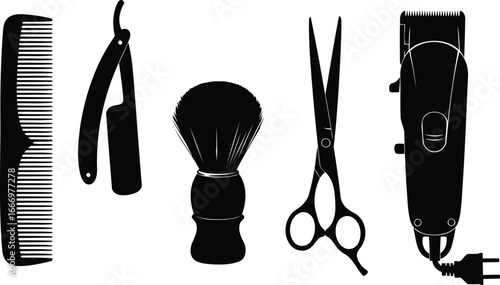 Collection of classic barber tools in silhouette