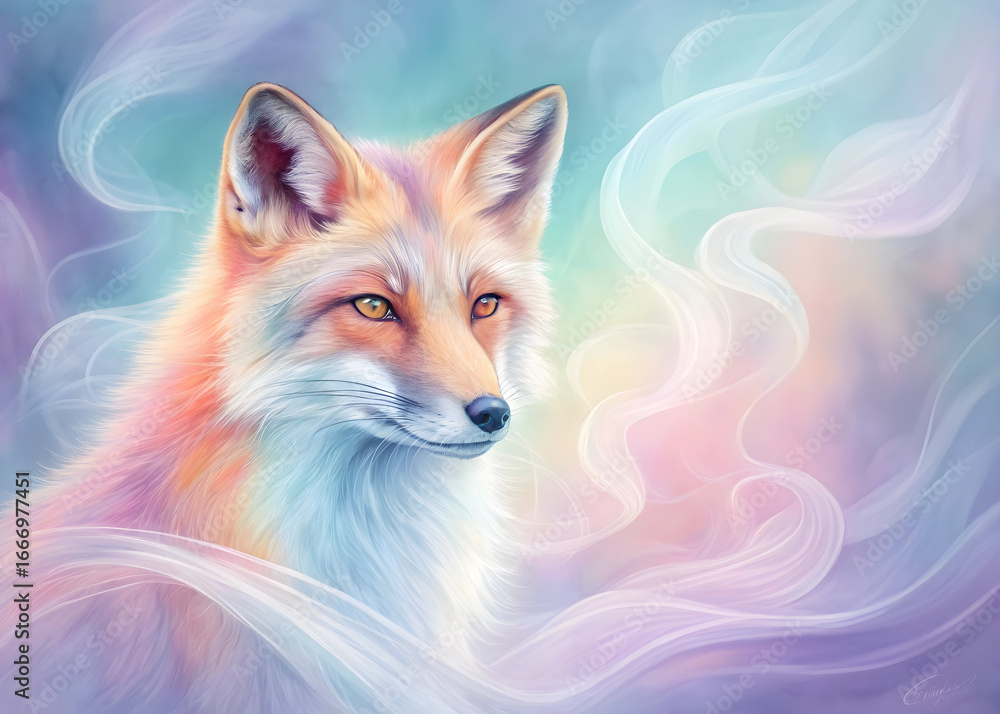 Obraz premium Detailed digital painting of a red fox, ethereal background, soft pastel colors, whimsical fantasy style, dramatic lighting, highly detailed 8K art, jpg file