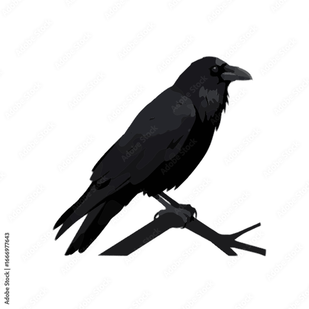 Fototapeta premium Black Raven Perched on Branch Vector Illustration Isolated on White Background