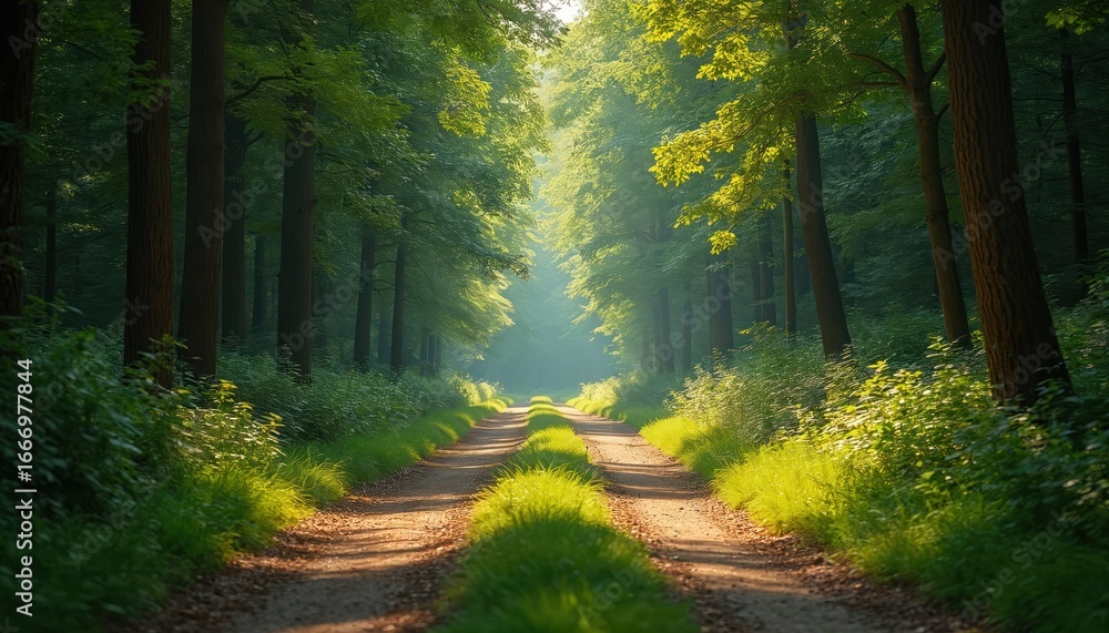 Fototapeta premium Sunlit forest path splits into two directions creating choice for travelers. Rich green trees line dirt road inviting exploration, adventure. Scene evokes sense of journey, decision-making in nature.