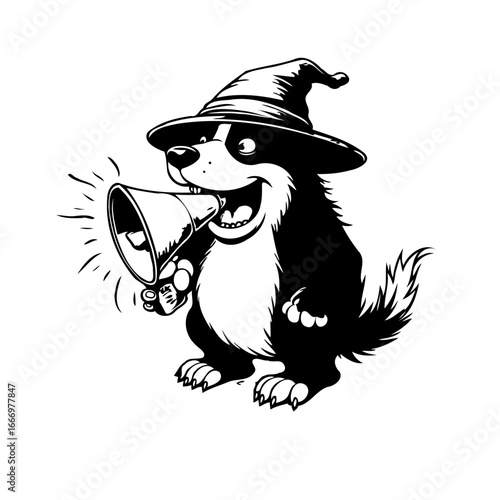 Whimsical sorcerer dog speaks into a megaphone casting spells creating attention and joyful