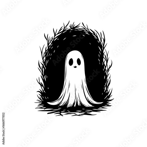 Whimsical spectral being emerges from shadowy thicket spooky and fun illustration suitable for all