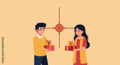 Brother and Sister Exchange Gifts During Raksha Bandhan Festival Celebration