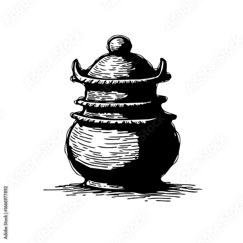 Whimsical vessel illustration: An aged, decorative container showcasing nuanced hatching