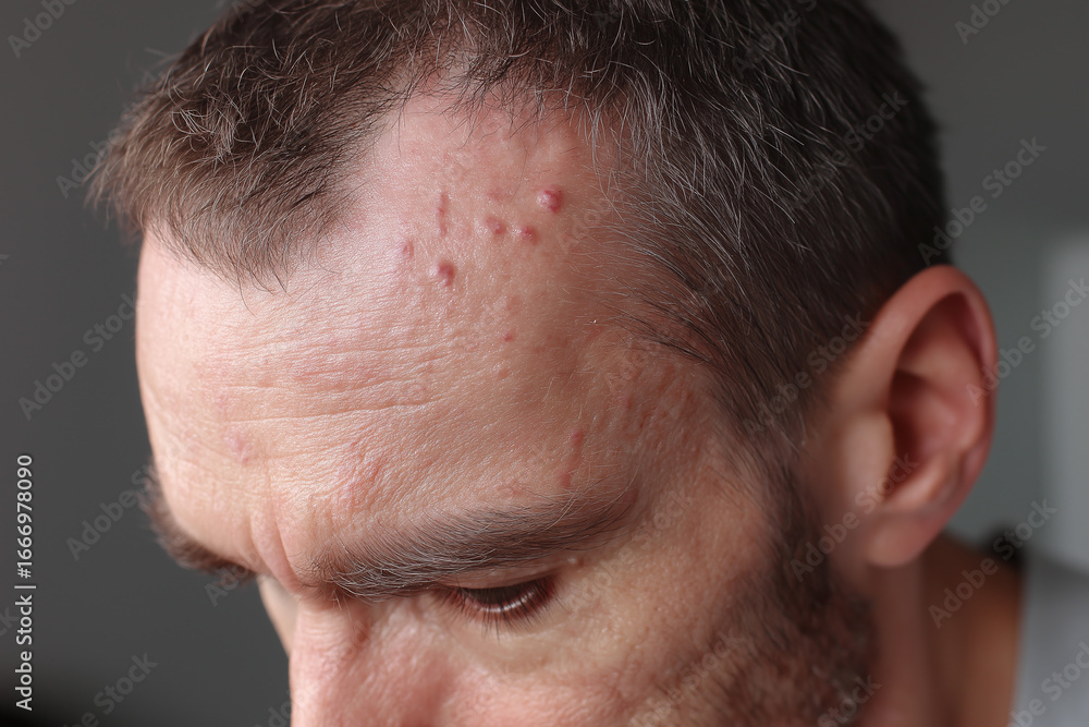 Obraz premium Close up of male forehead with acne and skin blemishes showing rough texture and redness