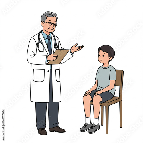 Doctor examining a young boy with knee pain in a medical consultation setting