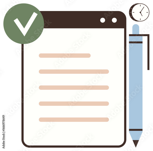 Document with horizontal lines, checkmark, clock, and pen emphasizing task completion, productivity, and time management. Ideal for planning, organization, deadlines achievement workflow minimal