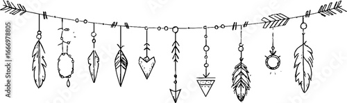 Hand drawn decorative feather and tassel banner for bohemian design and decoration