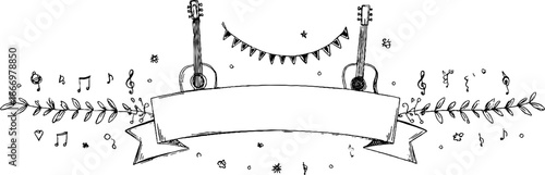 Decorative banner with hand drawn guitar head and musical elements for artistic design