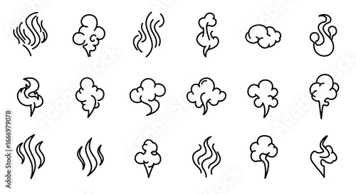 A Collection of Hand-Drawn Visual Representations of Smoke and Vapor Styles Showing Different Movement Patterns and Forms Commonly Used in Illustrations and Graphics