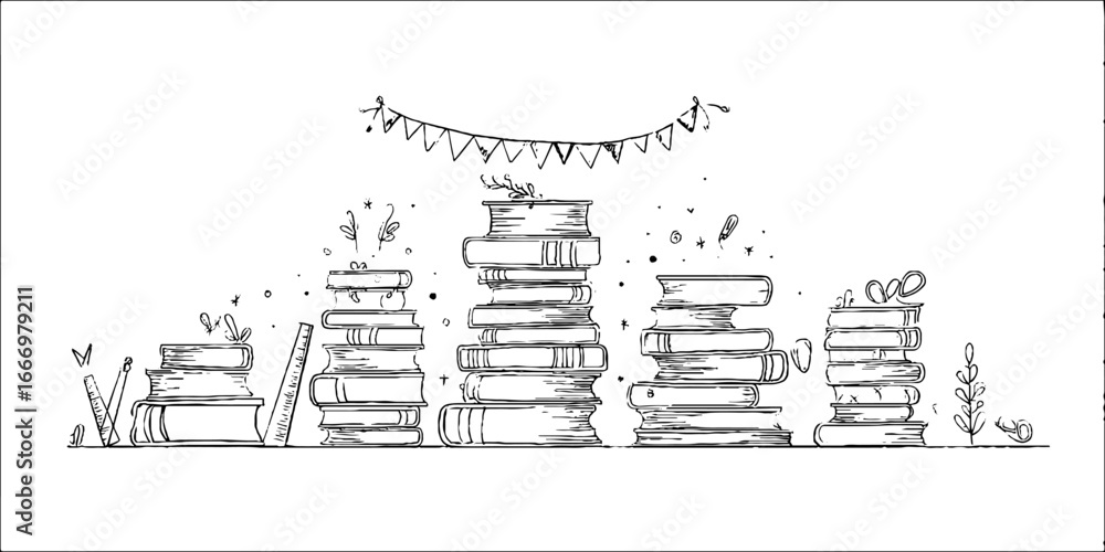 Obraz premium Hand drawn doodle banner with book stack and pen for creative design