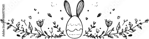 Hand drawn doodle banner with easter egg and floral scallops for spring design