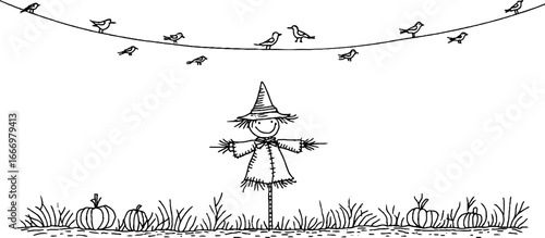 Whimsical scarecrow banner with birds and pumpkins for autumn decor