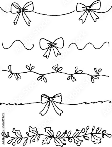 Hand drawn doodle border collection with candy cane stripes and bows for holiday designs