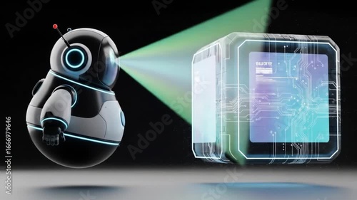 Cute Futuristic Robot Scanning Glowing Data Cube with Neon Spotlight Beam – 3D Animation