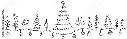 Festive hand drawn christmas tree border with doodle ornaments and winter foliage for holiday decoration