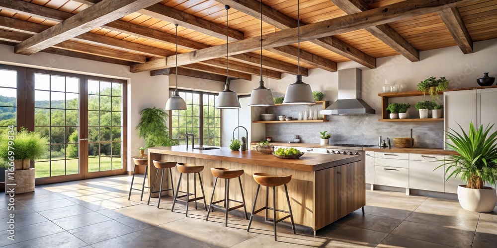 Fototapeta premium Modern Farmhouse Kitchen Design with Island and Abundant Natural Light